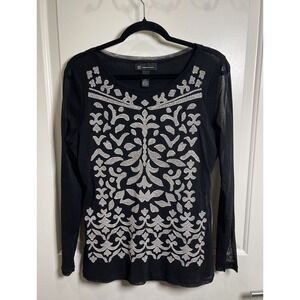 INC Black Sheer Embroidered Long Sleeve Blouse Top Size Large Boho